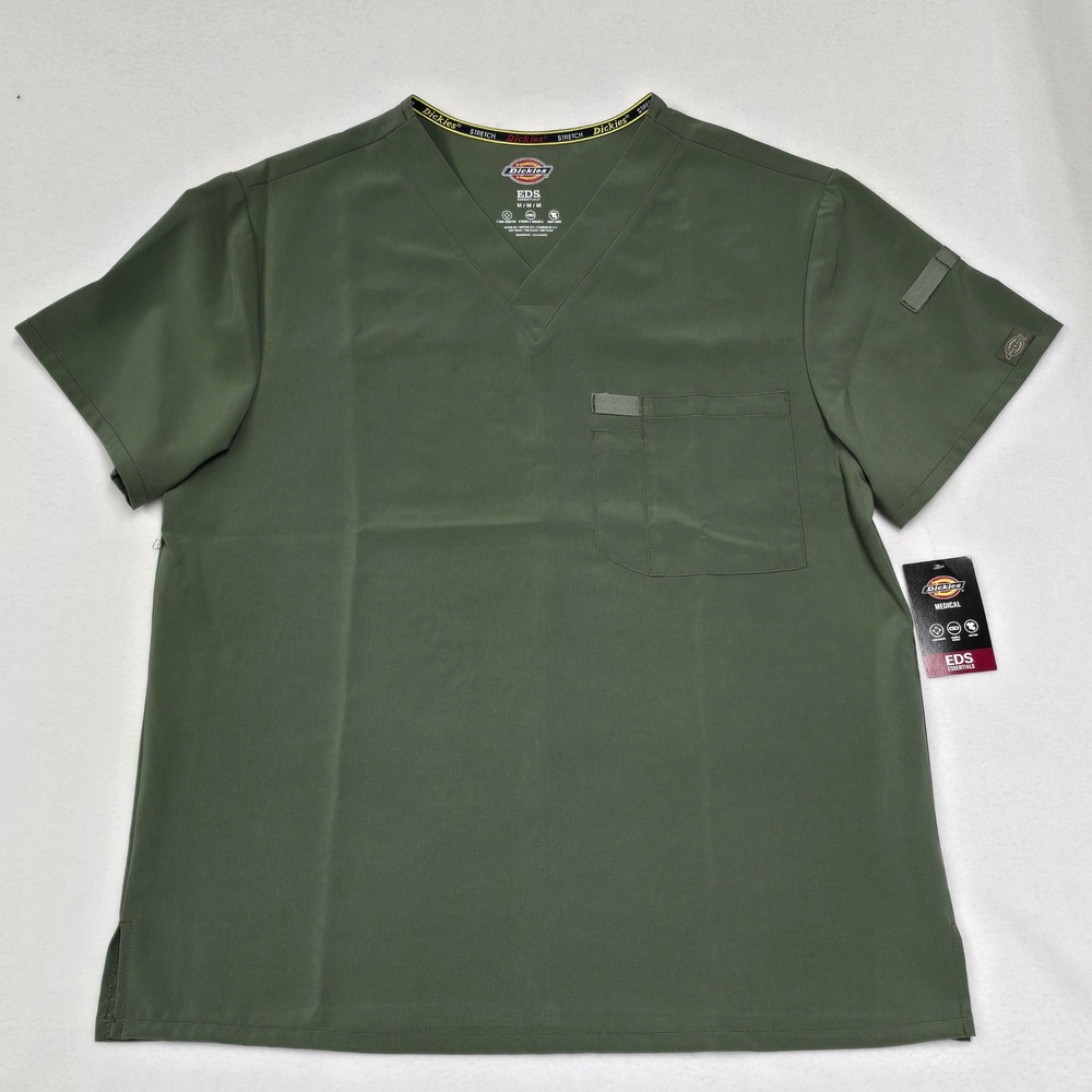 Dickies EDS Essentials Medical Scrub Top V-Neck Olive Green Stretch Womens M